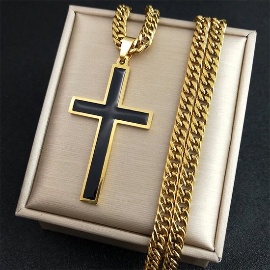 Donley Cubaans kruis voor mannen - Goud kruis Ketting Plat - holy cross - Goud/Zwarte jesu
