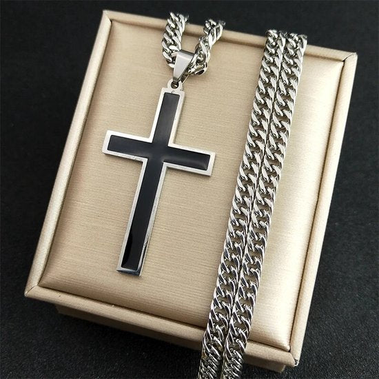 Donley Cubaans Kruis Ketting Heren Breed - Platte Zilveren Jezus Ketting met Zwart Kruis -