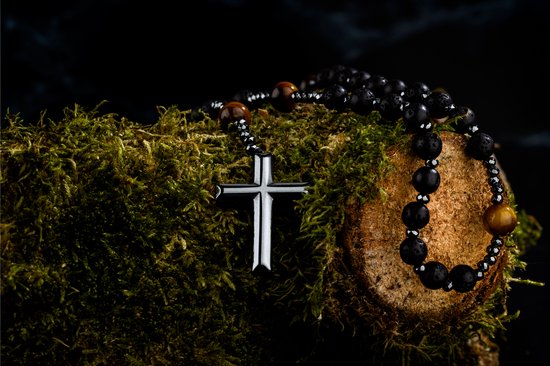 Donley Kralenketting Heren - Lava Steen Ketting met Kruis - Tijgeroog & Hematiet - 65 cm -