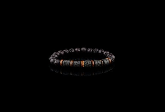Donley Lava Steen Armband met Houten Accenten - Natuursteen Kralen - 19,5 cm
