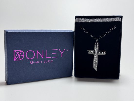 Donley - Zwarte Ketting - cross- kruis - jesus - cubaans - don - zilver - silver - jesus kruis - Bijbeltekst EPH 6.11 -ZWART