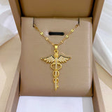 Donley - Caduceus Gouden ketting - Ketting Caduceus goud - Caduceus goud 50cm - gouden vrouwenketting mercuriusstaf - zirkoon ketting kruis - ketting dames - ketting vrouw goud - mercuriusstaf - Caduceus Asclepius - kerykeion - κηρύκειον